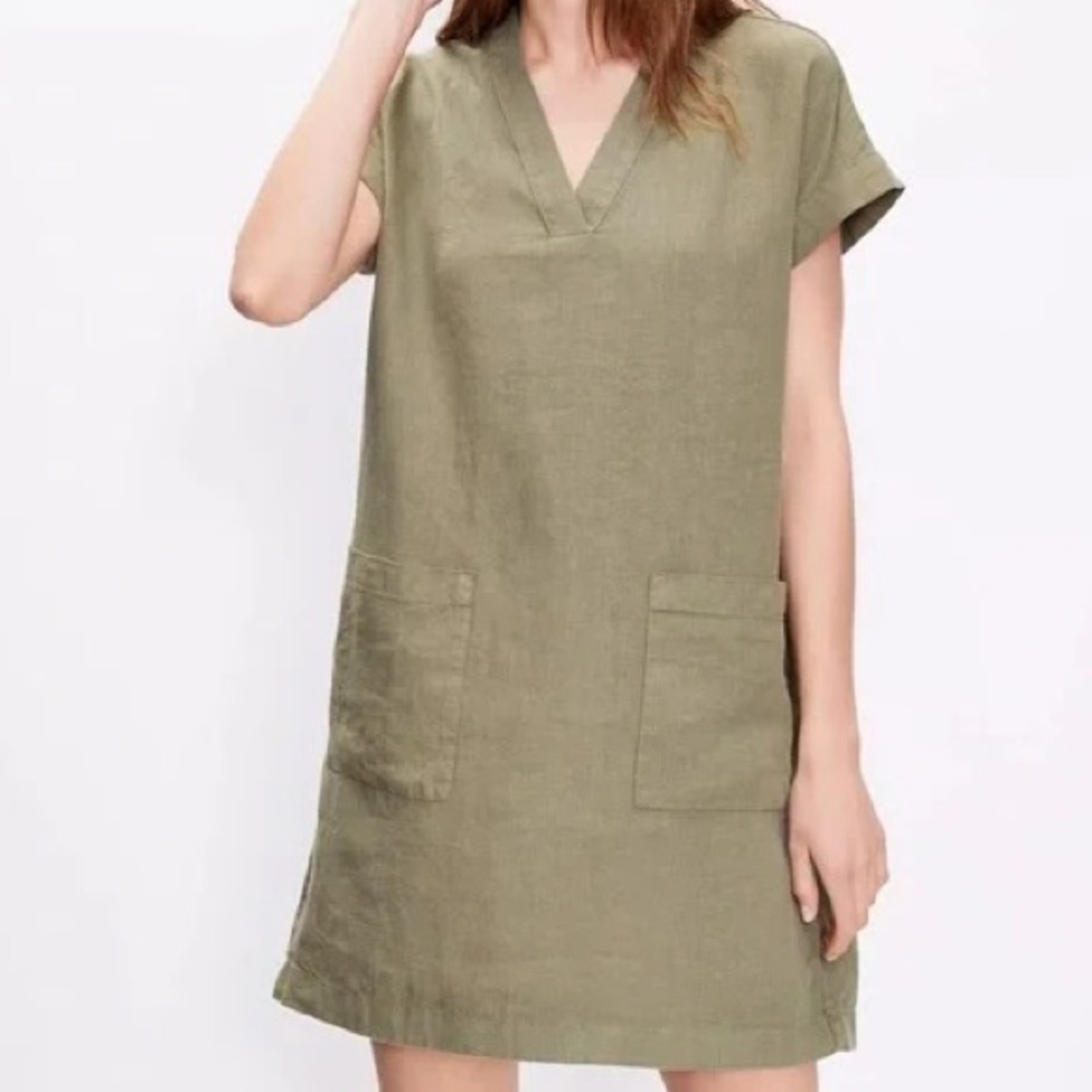 NWT Lou & Grey by LOFT Olive Green 100% Linen Shift Dress Pockets Medium 564840